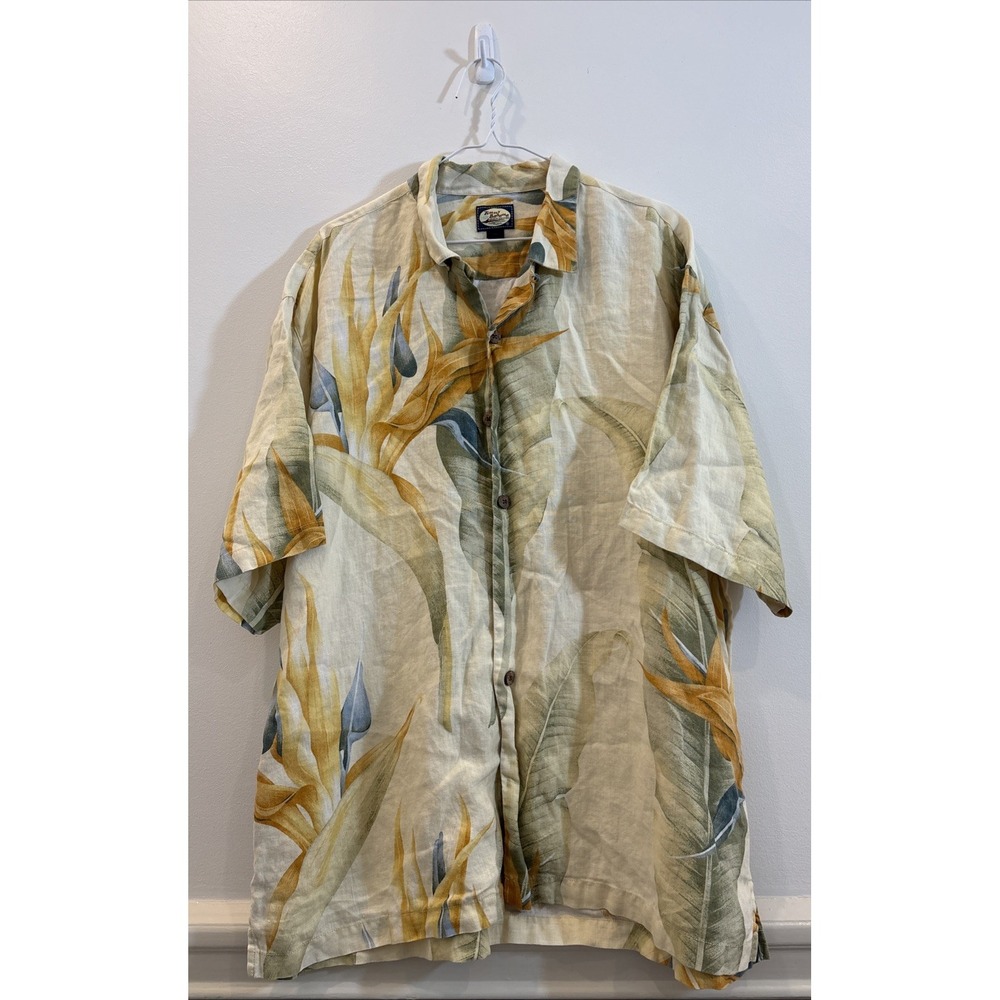 Tommy Bahama XL Linen Camp Shirt Loop Collar Bird of Paradise All Over Print